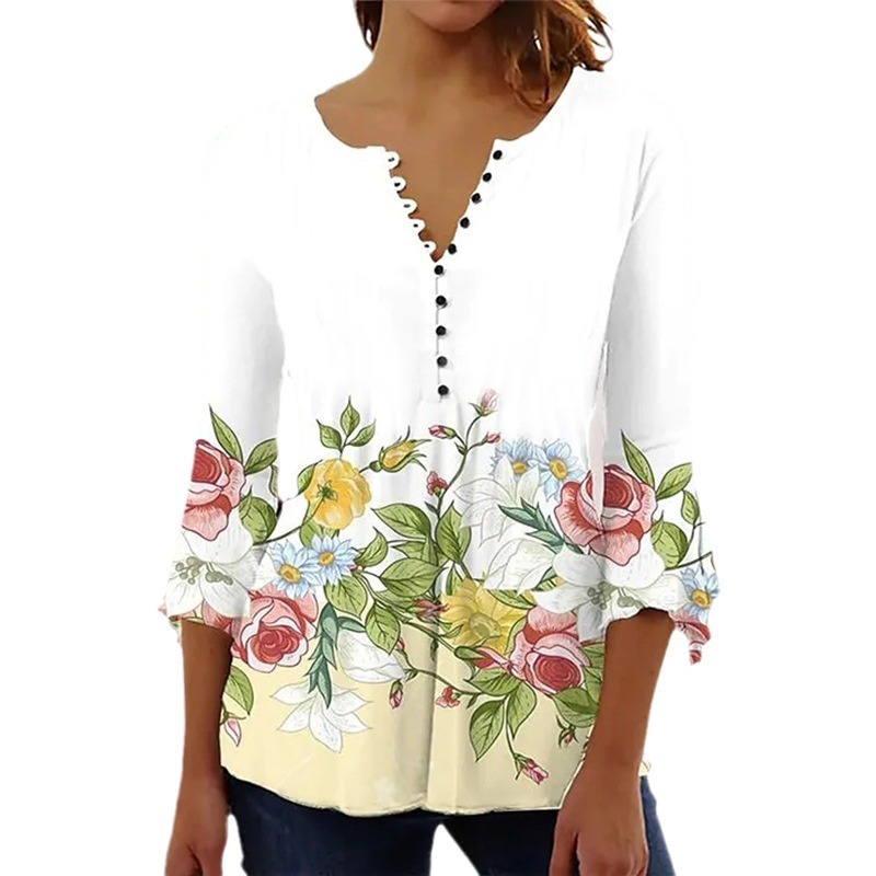 Women's 3d Digital Printing Button T-shirt Top - Image 2