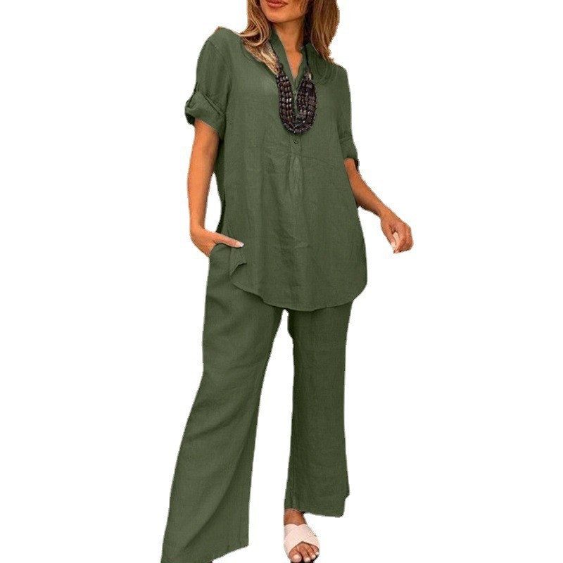 Solid Color Short Sleeve V-neck Top And Straight Wide Leg Pants Casual - Image 5