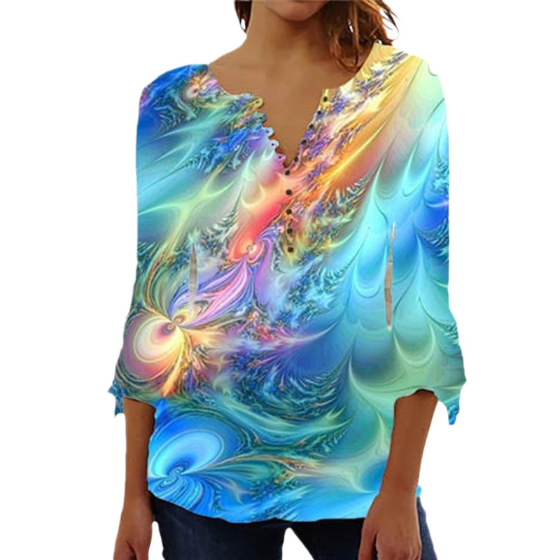 Women's 3d Digital Printing Button T-shirt Top - Image 6