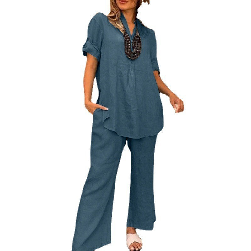 Solid Color Short Sleeve V-neck Top And Straight Wide Leg Pants Casual - Image 3