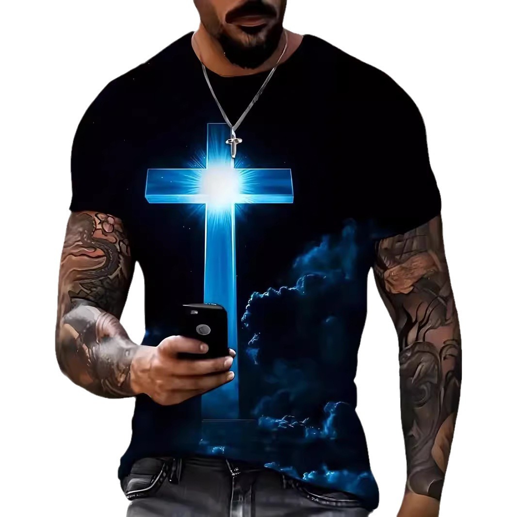 Men's Cross 3D Digital Printing Loose Casual Short Sleeve - Image 4