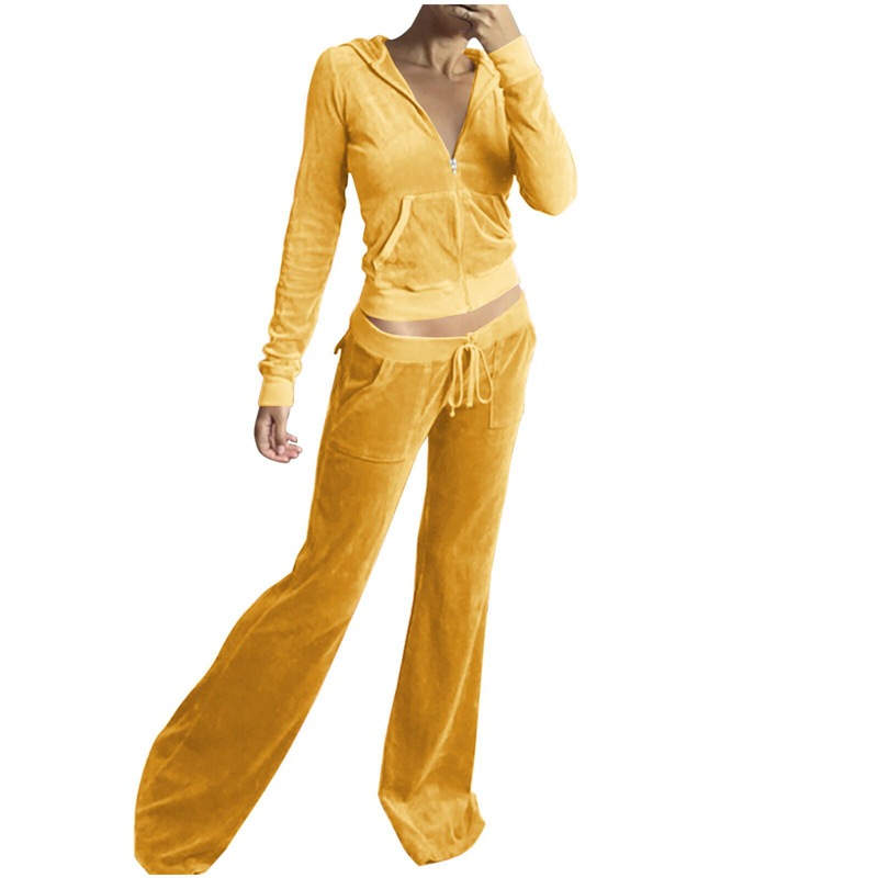 Casual Solid Color Velvet Wide Leg Pants Two-piece Set - Image 3
