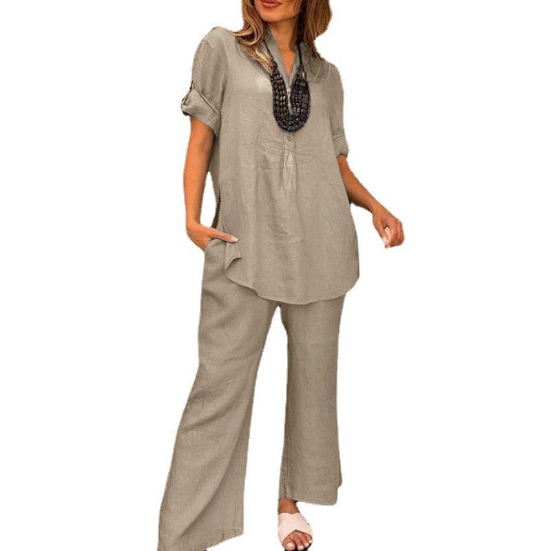Solid Color Short Sleeve V-neck Top And Straight Wide Leg Pants Casual - Image 4